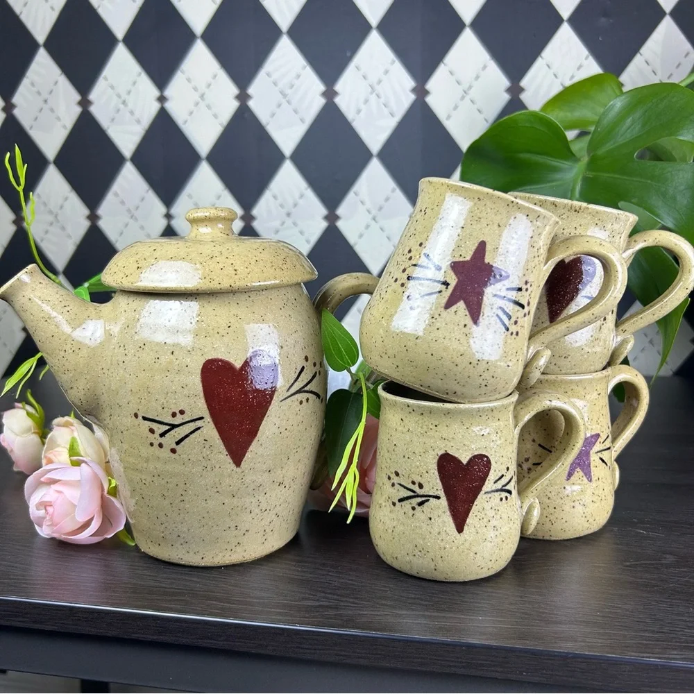 Studio Pottery Tea Set Stoneware Teapot and Four Mugs Heart Star Motif Primitive